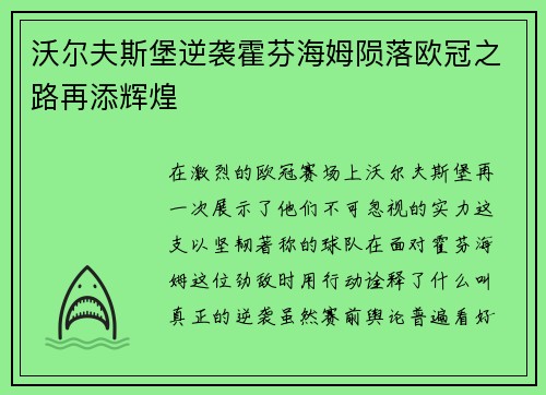 沃尔夫斯堡逆袭霍芬海姆陨落欧冠之路再添辉煌