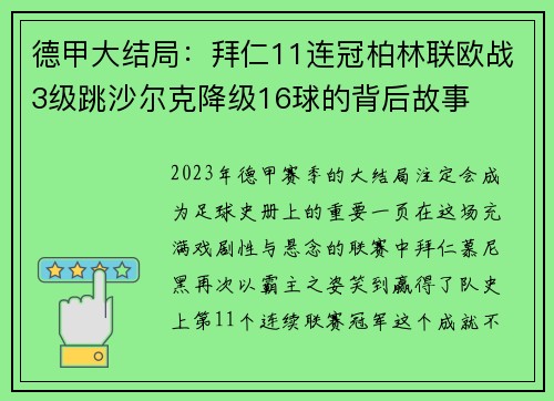 德甲大结局：拜仁11连冠柏林联欧战3级跳沙尔克降级16球的背后故事