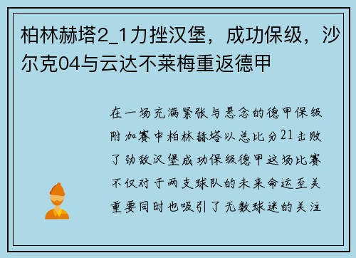 柏林赫塔2_1力挫汉堡，成功保级，沙尔克04与云达不莱梅重返德甲