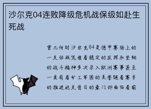 沙尔克04连败降级危机战保级如赴生死战