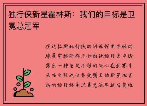 独行侠新星霍林斯：我们的目标是卫冕总冠军