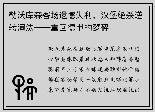 勒沃库森客场遗憾失利，汉堡绝杀逆转淘汰——重回德甲的梦碎