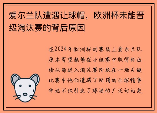 爱尔兰队遭遇让球帽，欧洲杯未能晋级淘汰赛的背后原因