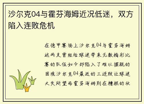沙尔克04与霍芬海姆近况低迷，双方陷入连败危机