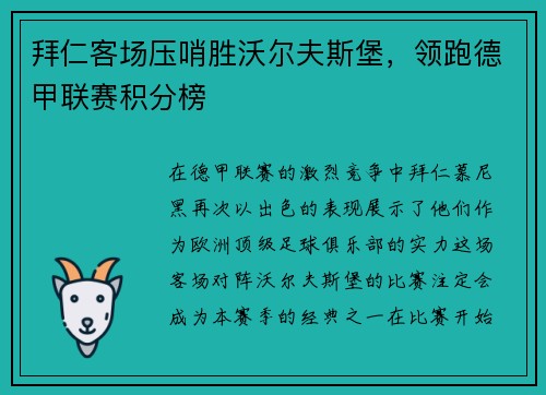 拜仁客场压哨胜沃尔夫斯堡，领跑德甲联赛积分榜