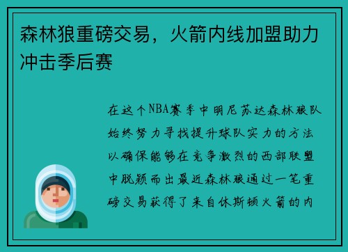 森林狼重磅交易，火箭内线加盟助力冲击季后赛