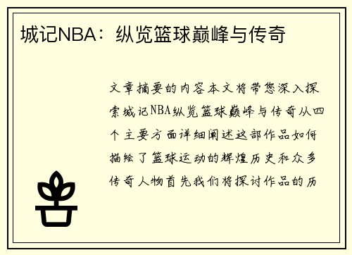 城记NBA：纵览篮球巅峰与传奇